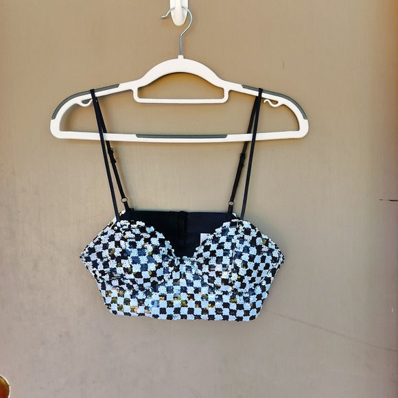 Meraki Sequin Checkered Bustier Crop Top Black White Sleeveless Party - Picture 1 of 7